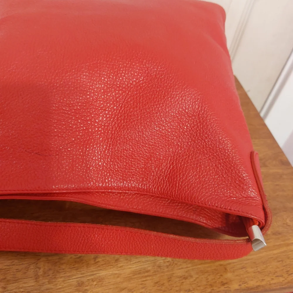 M&R Moda In Pelle Firenze Italy Red Peebled Genuine Leather Hobo Tote Bag - Picture 10 of 14